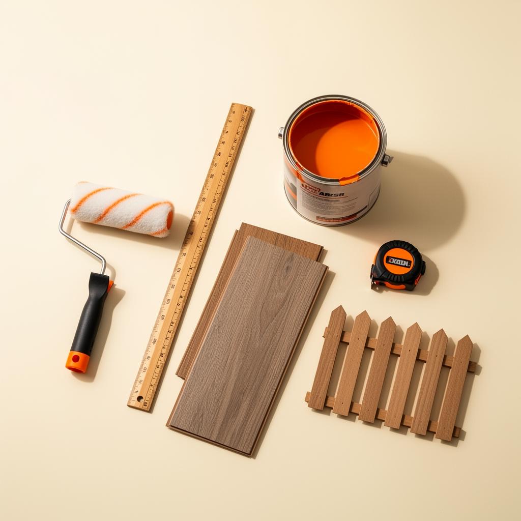 Flat-lay of DIY home improvement tools including a paint roller, paint can, ruler, tape measure, flooring samples, and a fence panel